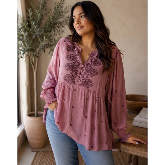 City Chic Tops - City Chic Mauve Embroidered Peasant Boho Blouse Smocked Cuffs Medium NWT